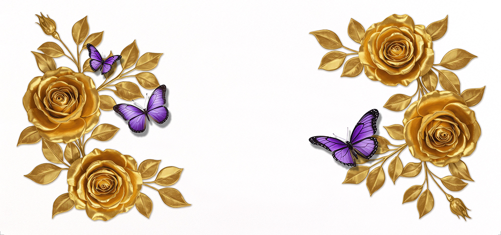 WT Faux Gold Roses Purple Butterflies PROOF